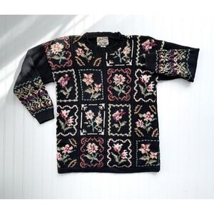 vtg Heirloom Collectibles black floral‎ wildflower hand knit sweater size M